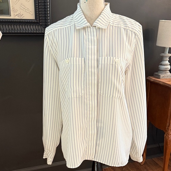 Liz Claiborne Striped Classic White Shirt button up top - Picture 1 of 9